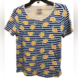 Time and Tru Scoop Neck Pineapple Cotton Striped Multicolored Top Size L NWOT